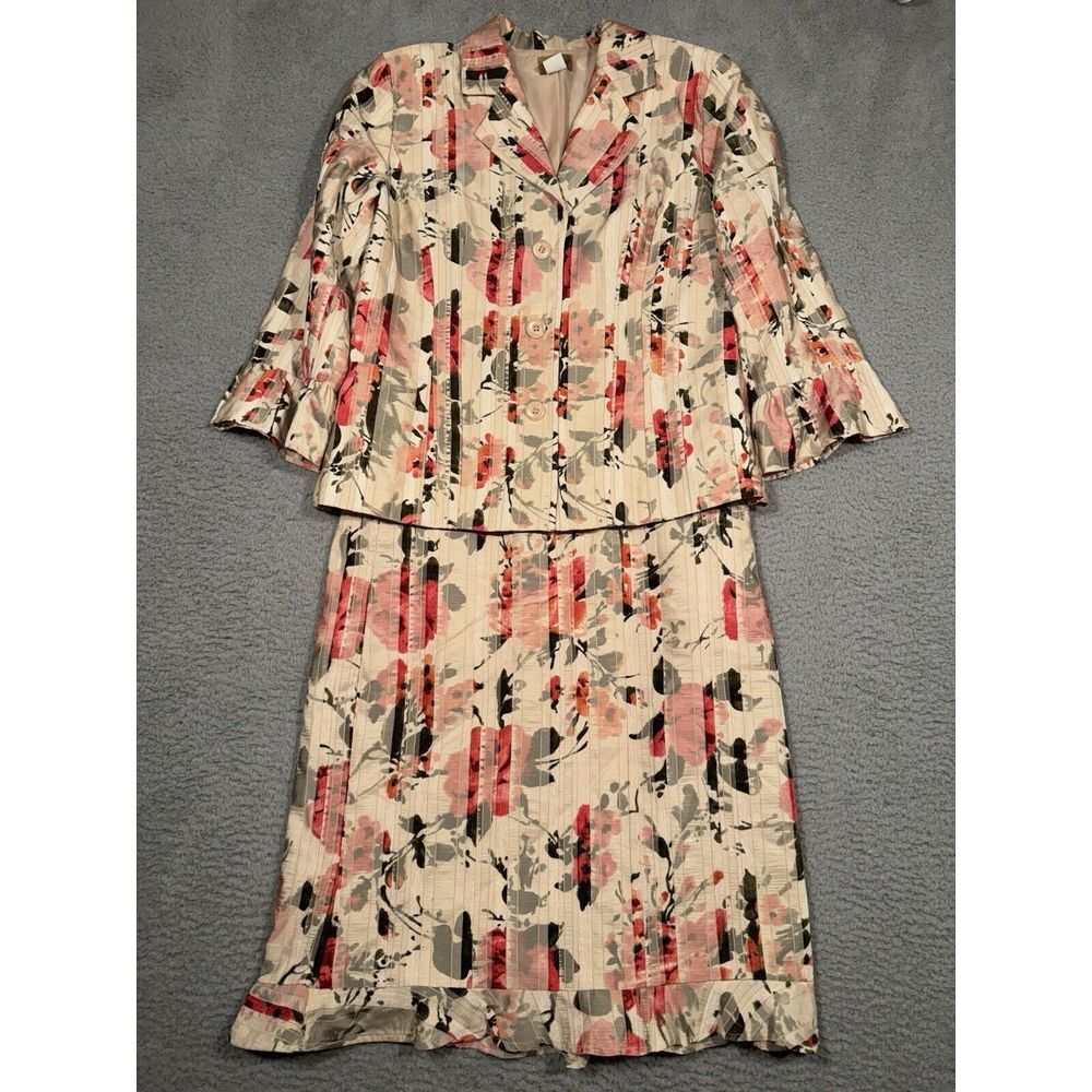 Midnight Velvet Skirt‎ Suit Floral Beige Rose Career Button Large L 10 Ruffles